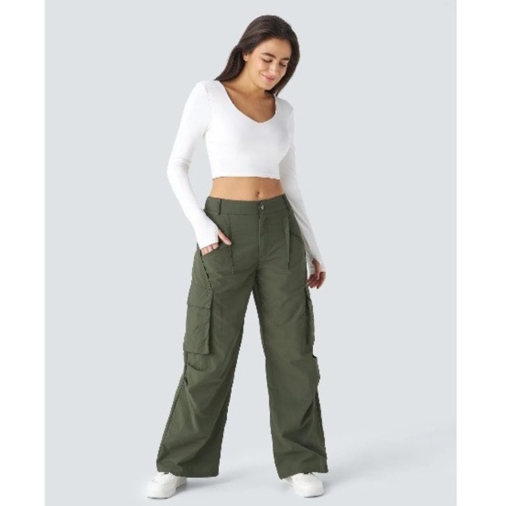 NWT Halara Mid Rise Side Pocket Wide Leg Baggy Casual Cargo Pant Womens Green MP
